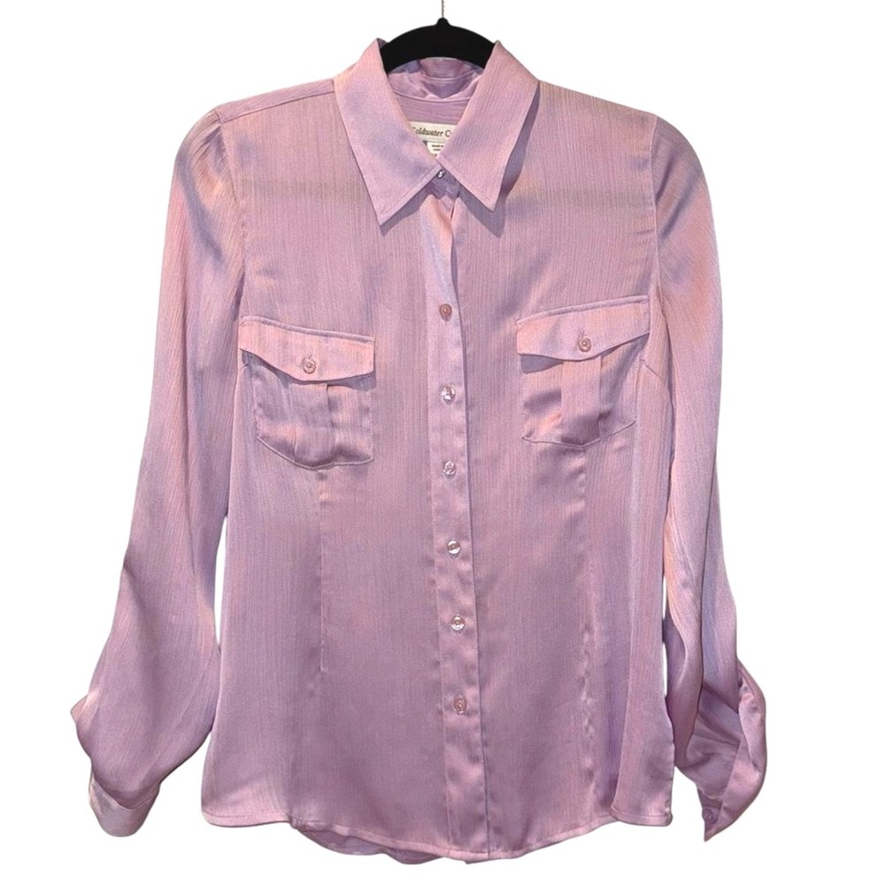 Coldwater Creek Blouse Lavender Purple Satin Textured Button Down Women Small